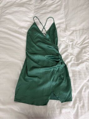 Pitaya Deep Green Satin Wrap Mini Dress